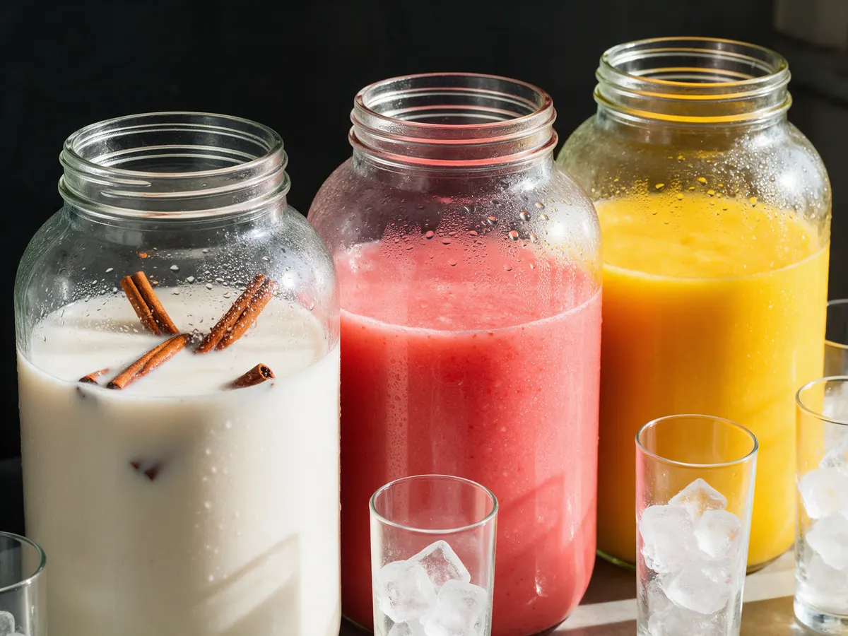 Glass jars of horchata with cinnamon, strawberry and mango agua fresca, with glasses of ice