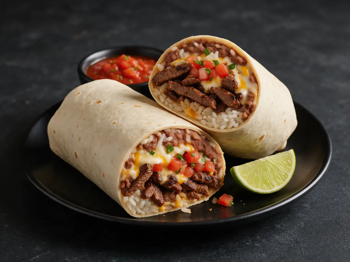 Burrito cut in half showing grilled steak, rice, beans and cheese, with salsa and lime