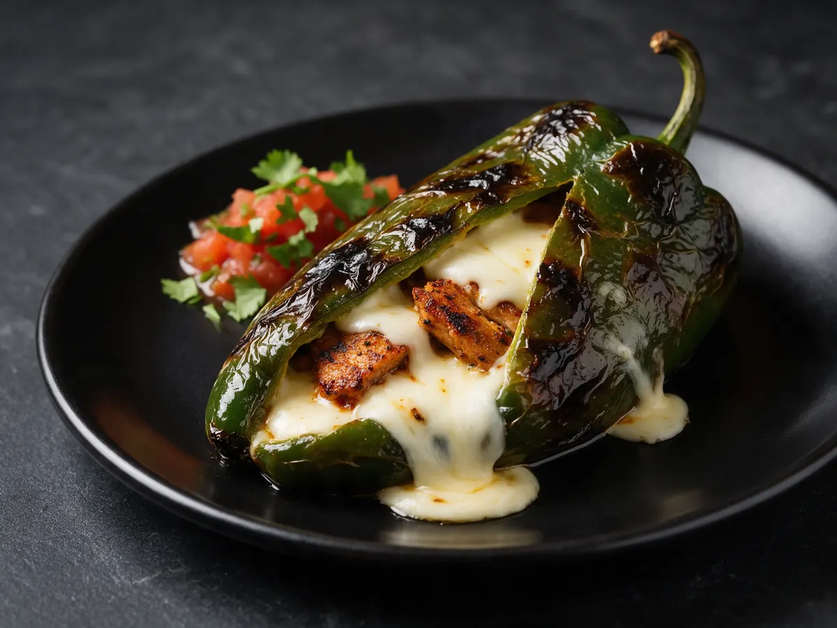 Roasted poblano chile split open and stuffed with melted cheese and grilled meat, with salsa and cilantro