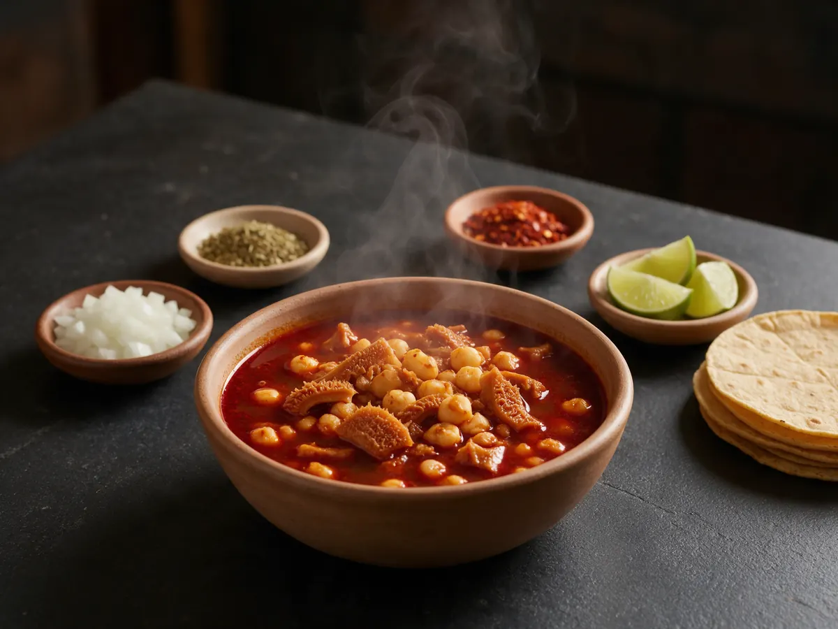 Bowl of red menudo with hominy, served with onion, oregano, chile, lime and corn tortillas