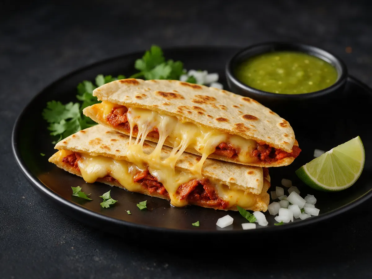 Mulas stacked on a plate with melted cheese pulling, salsa verde, cilantro and lime