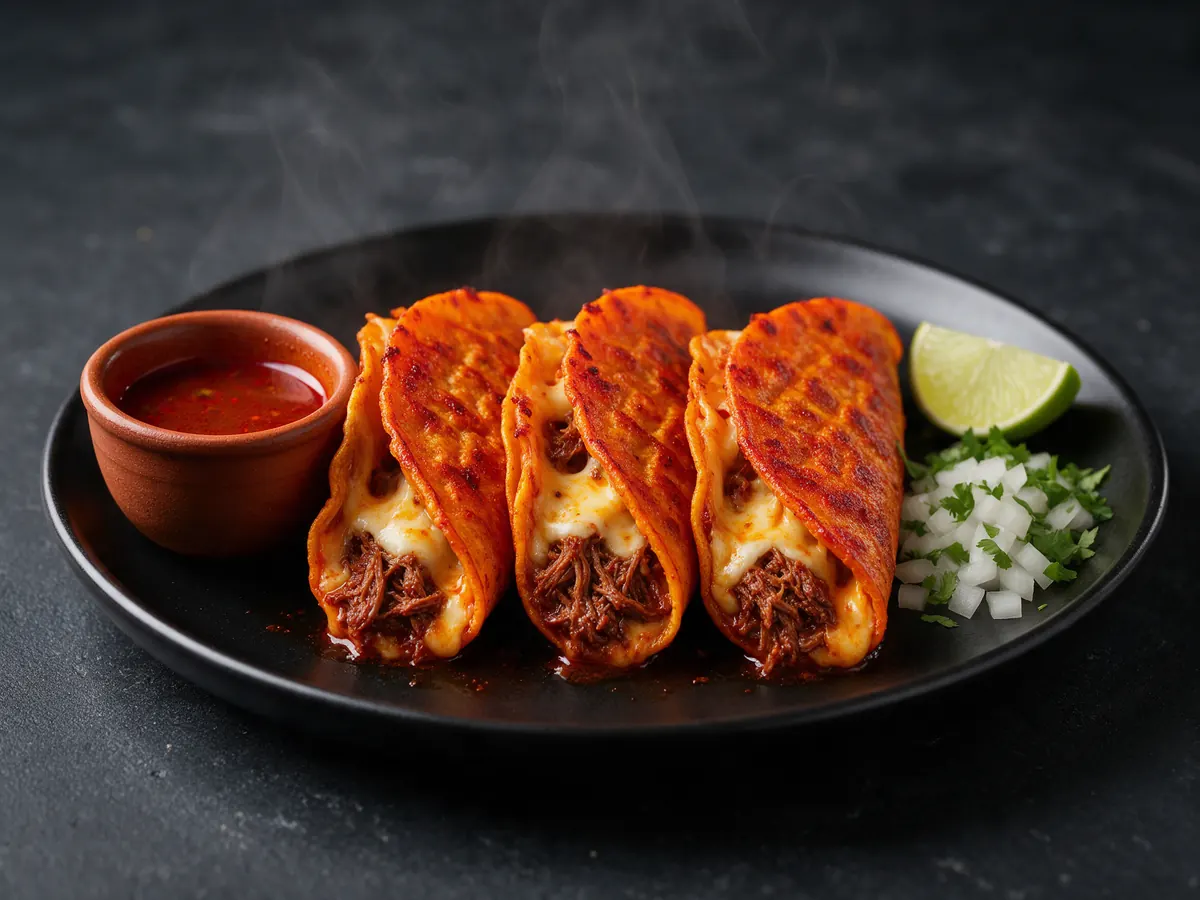 Three crispy red quesabirria tacos filled with birria and melted cheese, with a cup of broth, onion, cilantro and lime