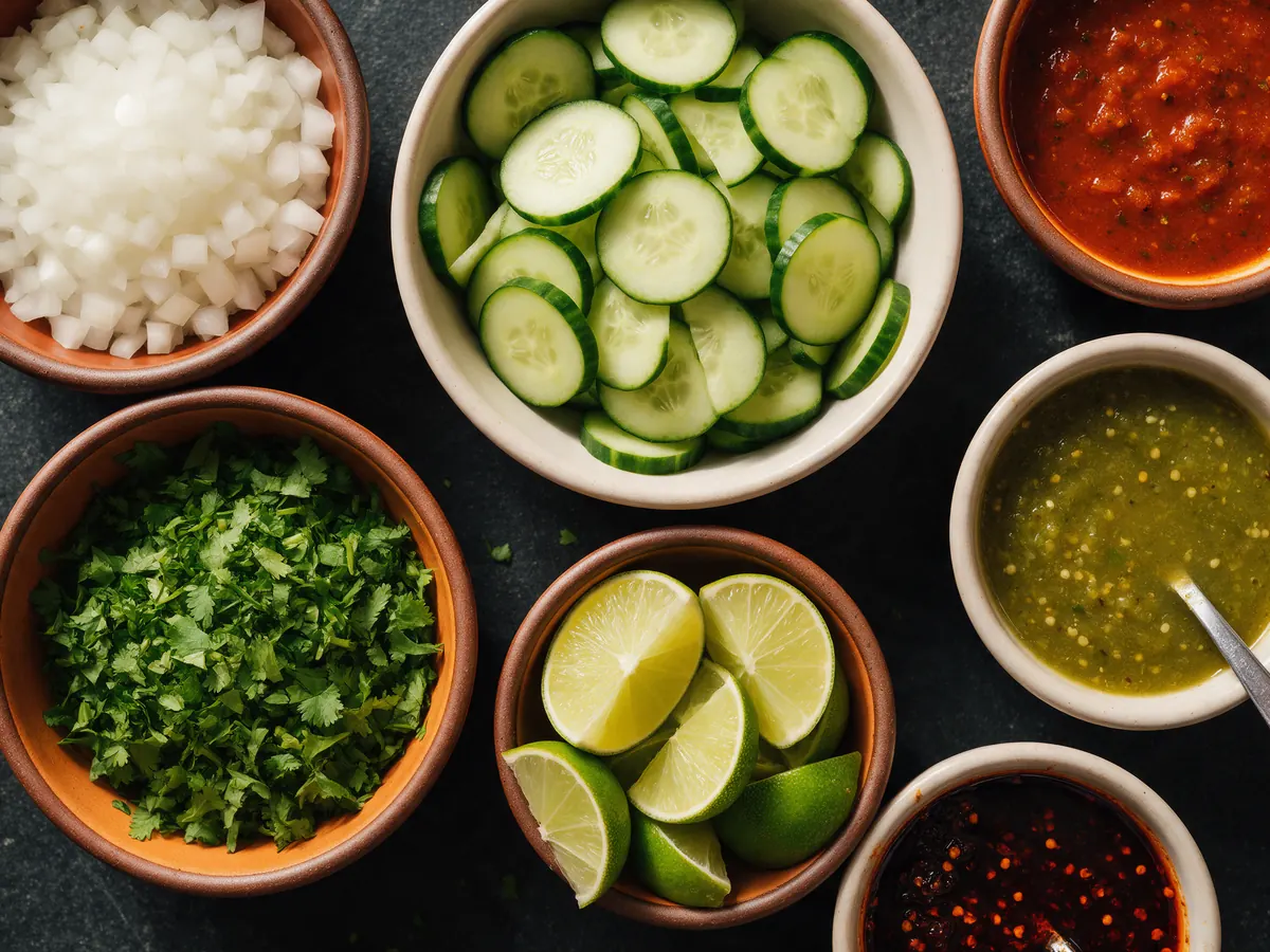 Bowls of chopped onion, sliced cucumber, cilantro, lime wedges, red salsa, salsa verde and chile de arbol salsa