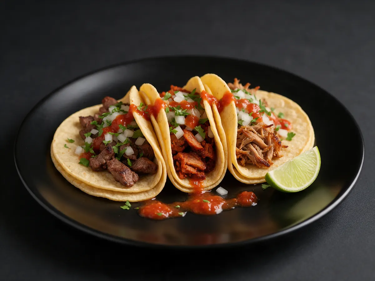 Three street tacos on corn tortillas with onion, cilantro, red salsa and a lime wedge