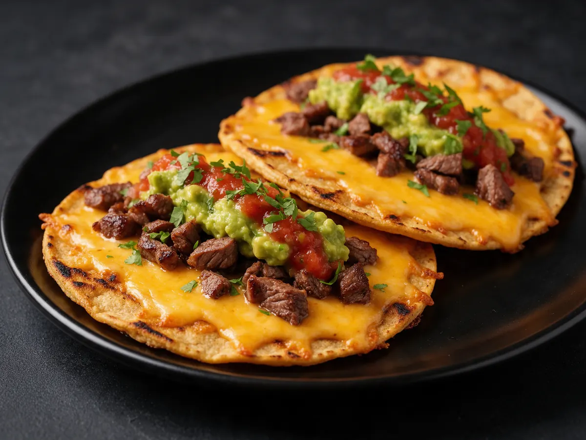 Two vampiros: crisp grilled tortillas topped with melted cheese, steak, guacamole and salsa